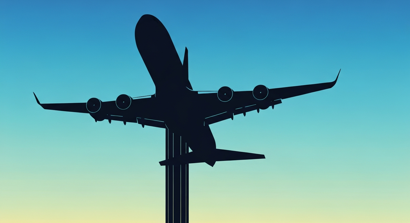 A highly stylized, geometric illustration depicting the sweeping silhouette of an airplane against a gradient sky, conveying the grand scale and motion of air travel without any text or identifiable elements.