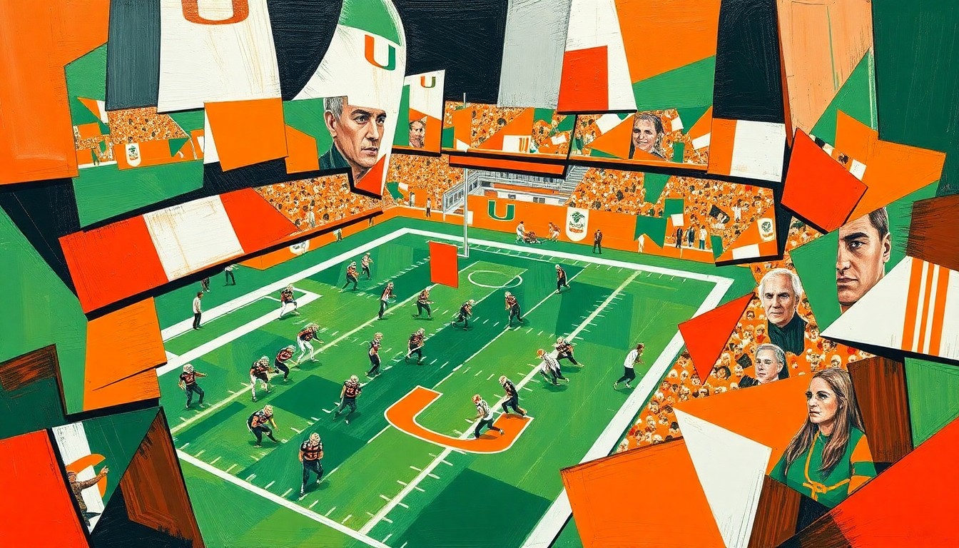 A cubist, geometric painting depicting a Miami Hurricanes football game or practice, with sharp, overlapping planes of orange, green, and white representing the action on the field.