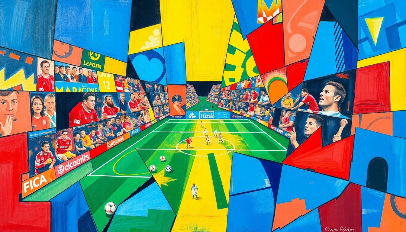 A cubist, geometric painting depicting a Ligue 1 soccer match between Lorient and Marseille, with the players and field fragmented into sharp, overlapping planes of vibrant blue, red, and yellow colors, capturing the energy and intensity of the game.