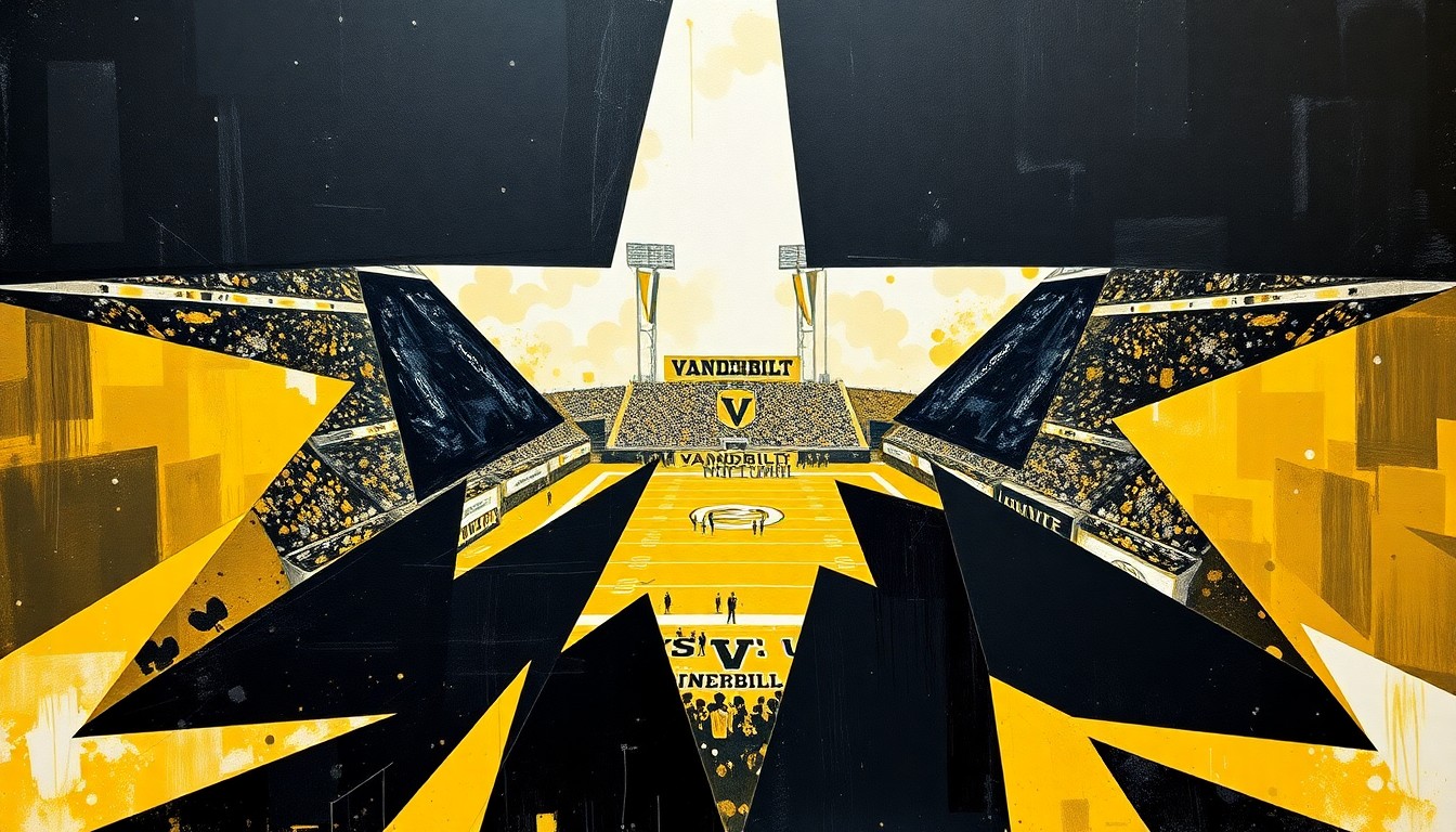 A fractured, cubist-style painting depicting a Vanderbilt football game, with sharp geometric shapes and planes in the team's colors of black, gold, and white, capturing the dynamic energy and strategic complexities of the sport.