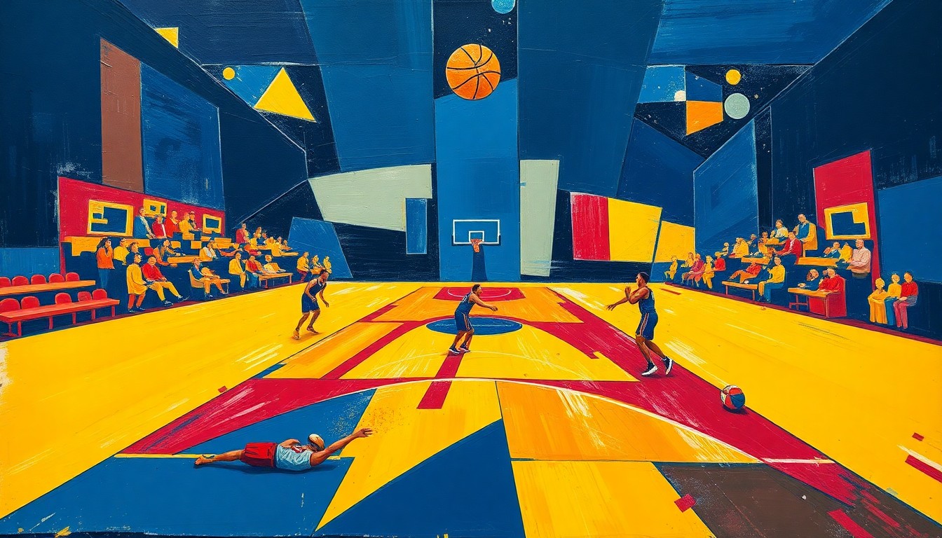 A fragmented, geometric painting in shades of blue, yellow, and red, conceptually representing the end of an era for the Golden State Warriors' championship dynasty.