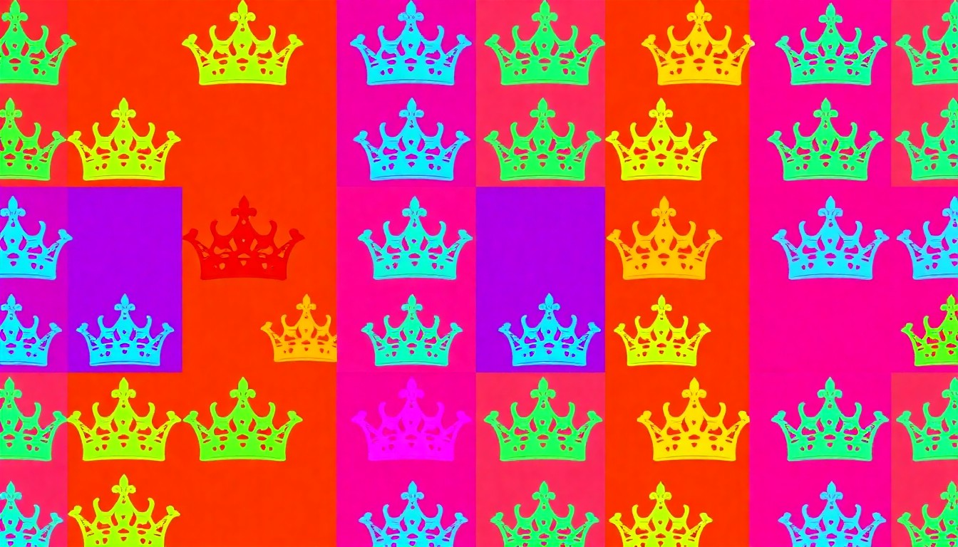 A bold, colorful silkscreen-style illustration featuring a repeating pattern of a Spelman College pageant crown, conceptually representing the controversy and debate surrounding the college's decision to name co-winners for the prestigious title.