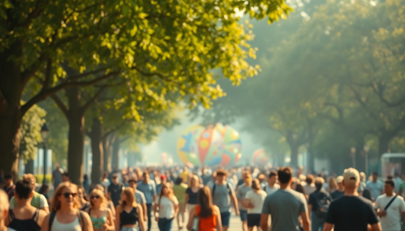 An abstract, impressionistic photograph depicting a crowd of people walking through a park, with blurred splashes of color and activity in the background, conveying the mood and energy of an outdoor art festival.