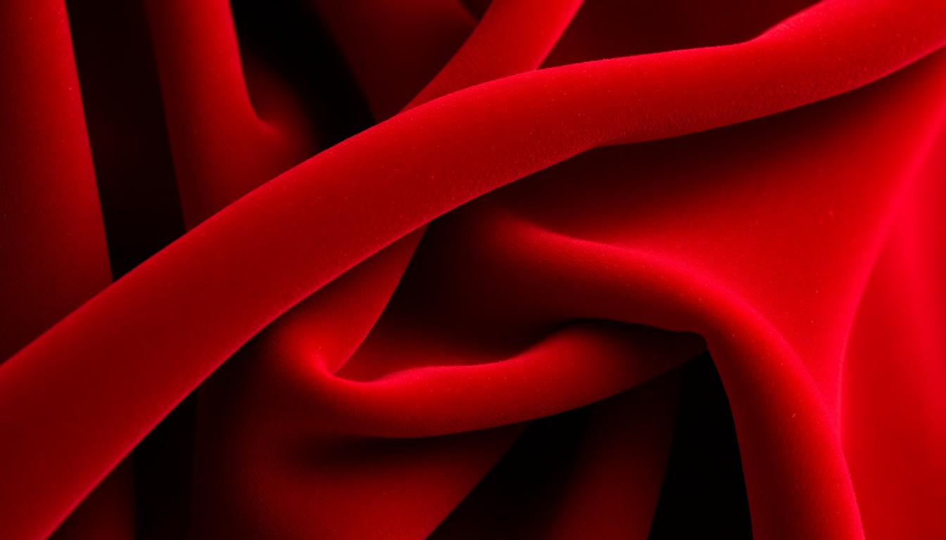 An extreme close-up photograph of lush, deep red velvet fabric, capturing the luxurious texture and sheen of classic Hollywood glamour in a high-contrast, studio-lit composition.