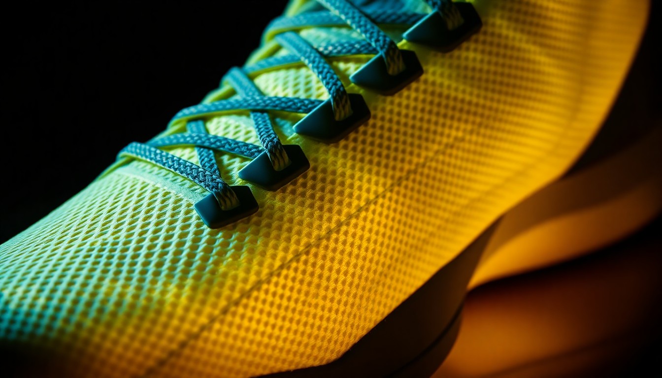 An extreme close-up photograph showcasing the textured, glowing upper of the new adidas Anthony Edwards 2 basketball shoe, captured in dramatic high-contrast studio lighting to create a glamorous, high-fashion aesthetic.