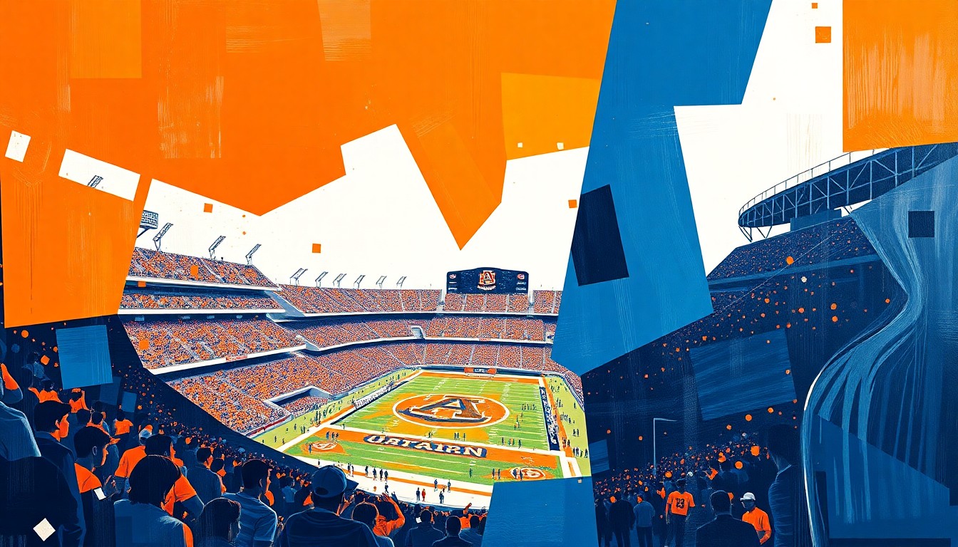 A fractured, cubist-style painting depicting the Jordan-Hare Stadium in a dynamic, multi-angled composition using Auburn's official colors of orange, blue, and white. The illustration conceptually represents the major renovations and expansions planned for the iconic football venue.