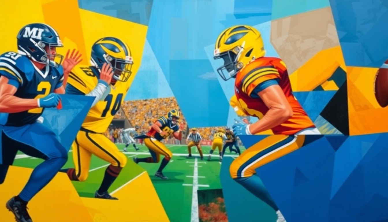 A cubist-style painting depicting a Michigan football game, with players' forms broken down into sharp, overlapping geometric shapes in shades of maize and blue, capturing the energy and intensity of the sport.