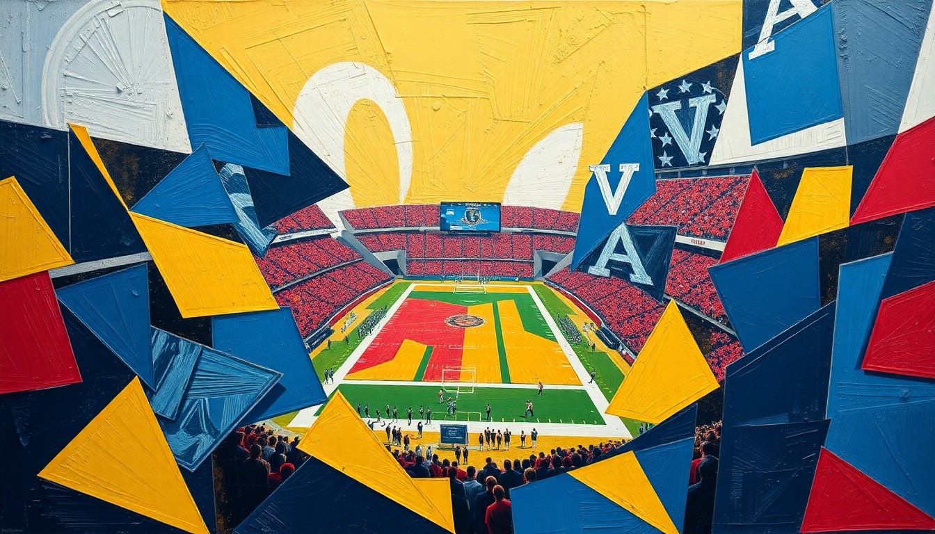 A cubist, geometric painting depicting a fragmented college football game, with sharp planes of navy, gold, and crimson colors overlapping to create a dynamic, multi-perspective scene.