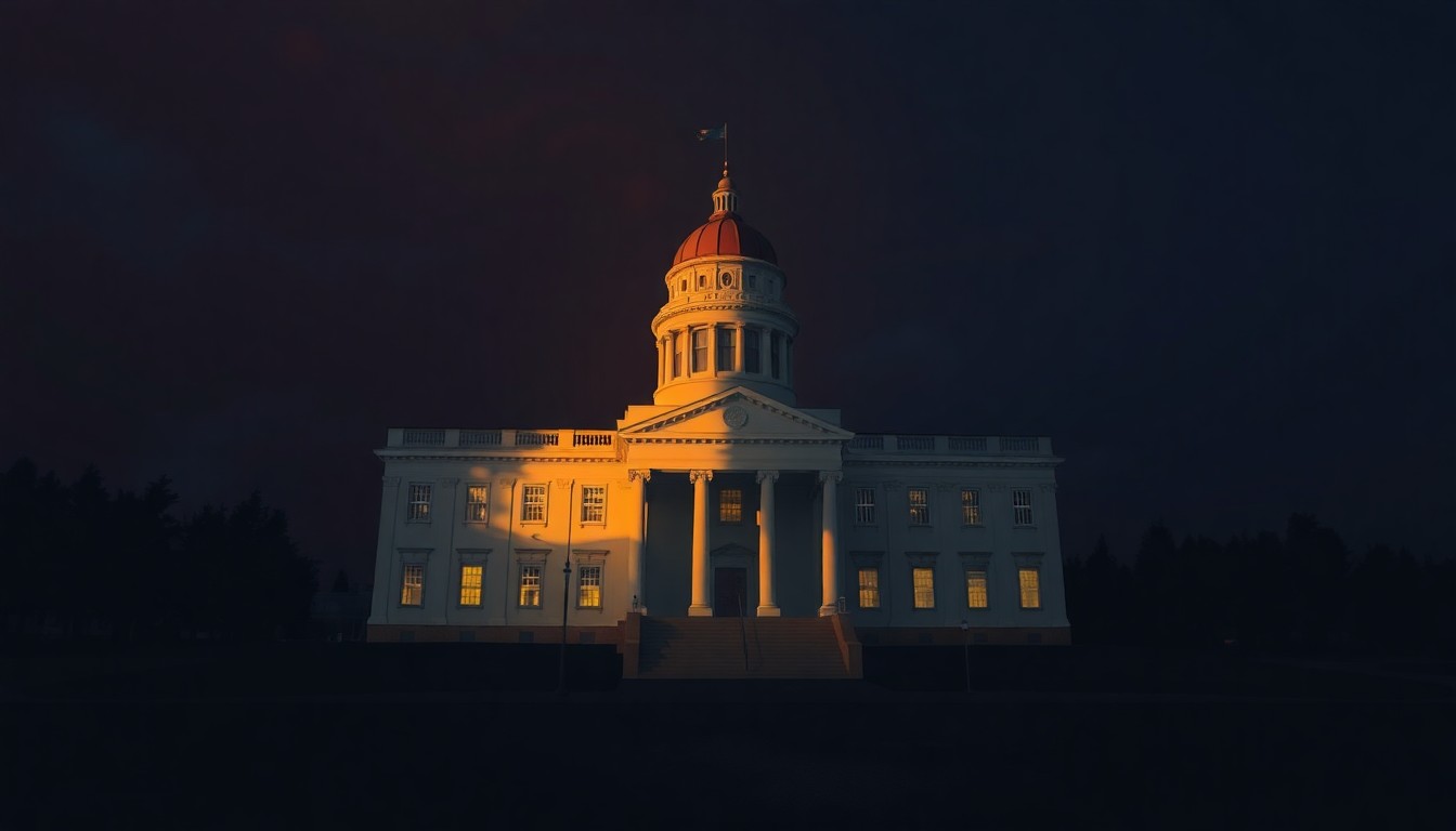 A serene, cinematic painting of the Alaska State Capitol building, its facade bathed in warm, golden light and cast in deep shadows, conveying a sense of contemplative policymaking within.