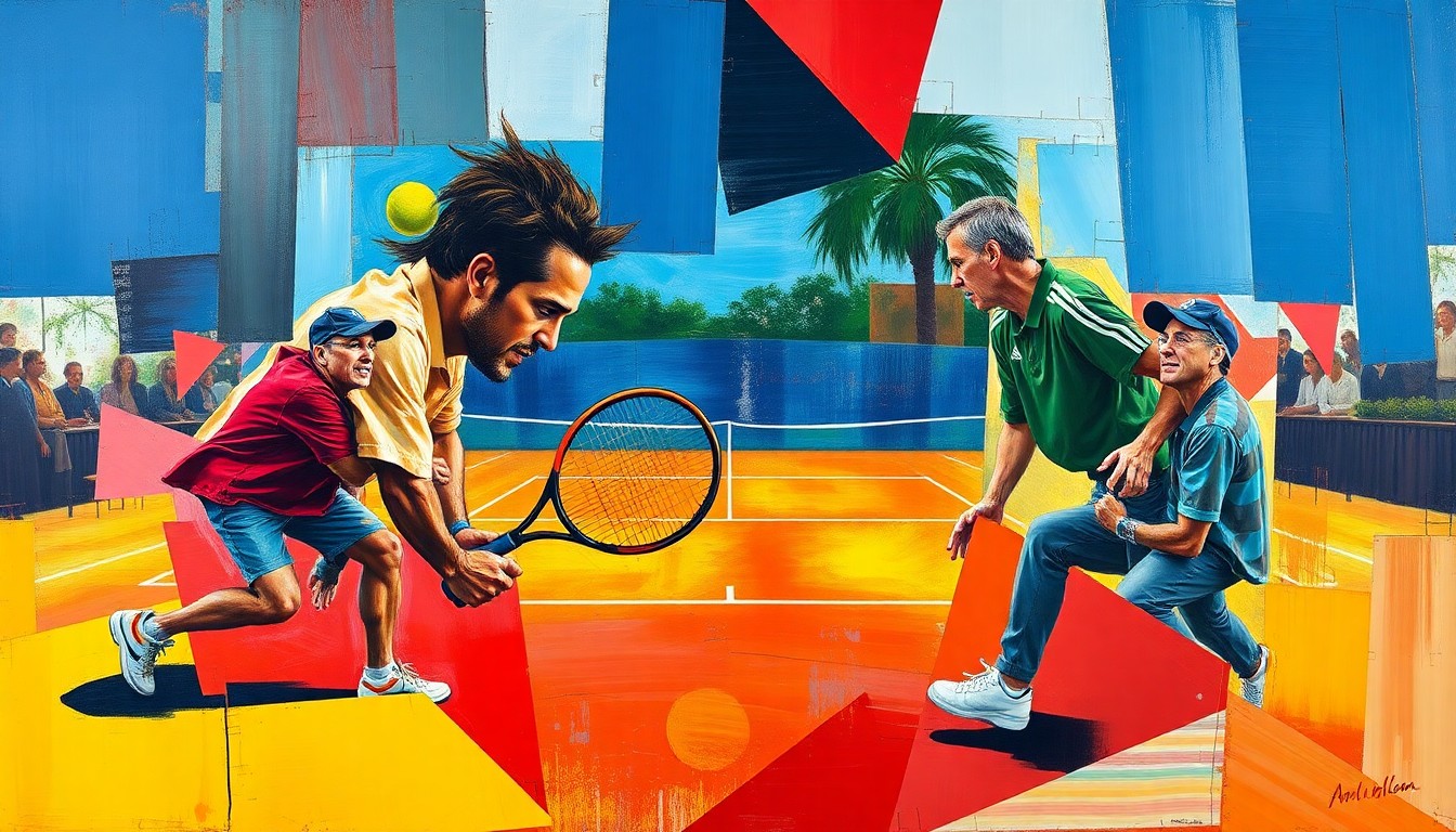 A fragmented, geometric painting depicting the dynamic movement and energy of a tennis match, with sharp planes of color and overlapping perspectives representing the intensity of the competition between the two players.
