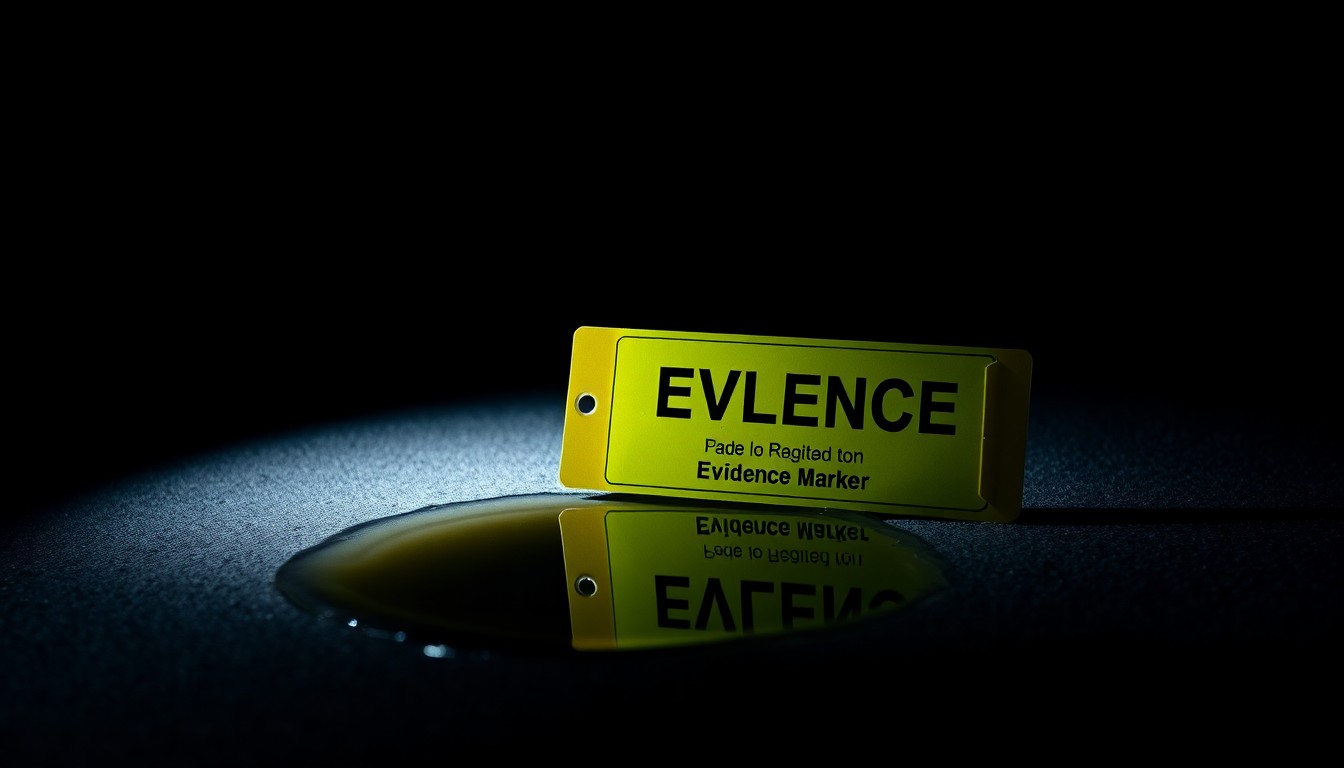 An extreme close-up photograph of a police evidence marker placed next to a small, murky puddle of water, conceptually illustrating the discovery of an unidentified body in a local waterway and the subsequent police investigation.