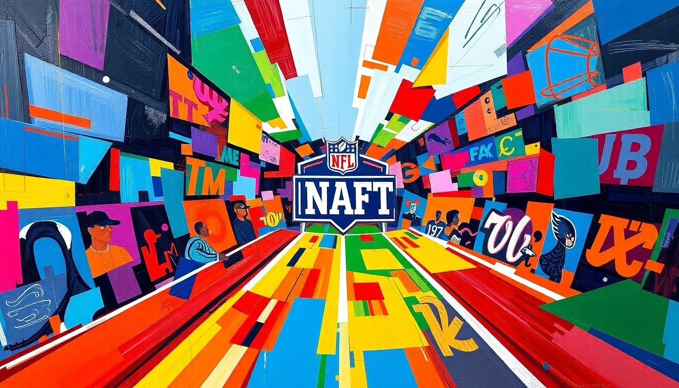 A cubist, geometric painting featuring sharp, overlapping planes of the Buccaneers' signature red and pewter colors, conceptually representing the excitement and anticipation of the NFL Draft.