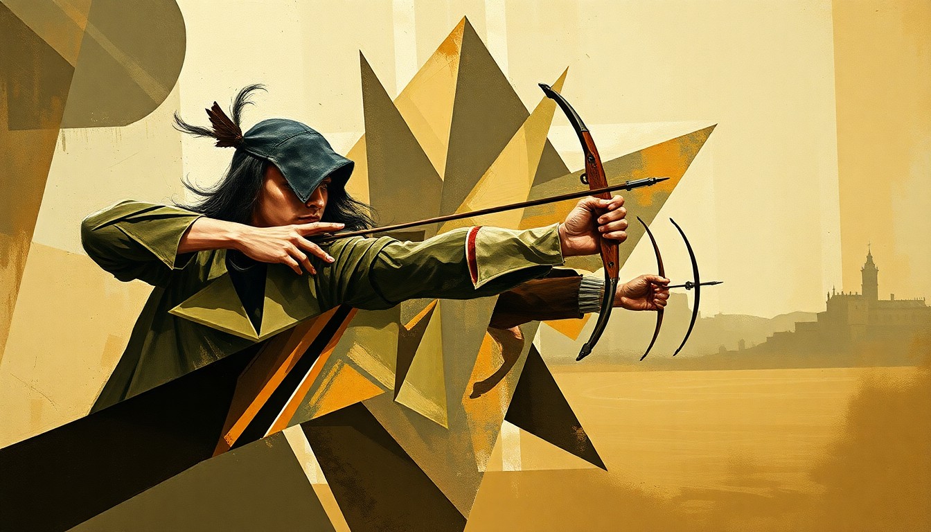 A cubist, geometric painting depicting an archery competition, with the athletes and targets broken down into overlapping, angular shapes in muted earth tones.