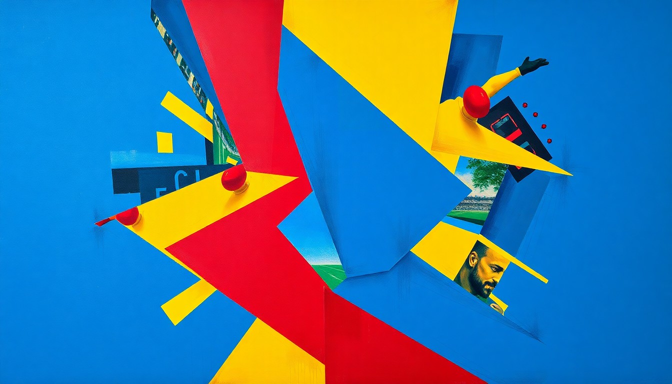A cubist, geometric painting depicting fragmented football players and equipment in a dynamic, multi-angled composition, conveying the raw energy and competitive spirit of the sport.