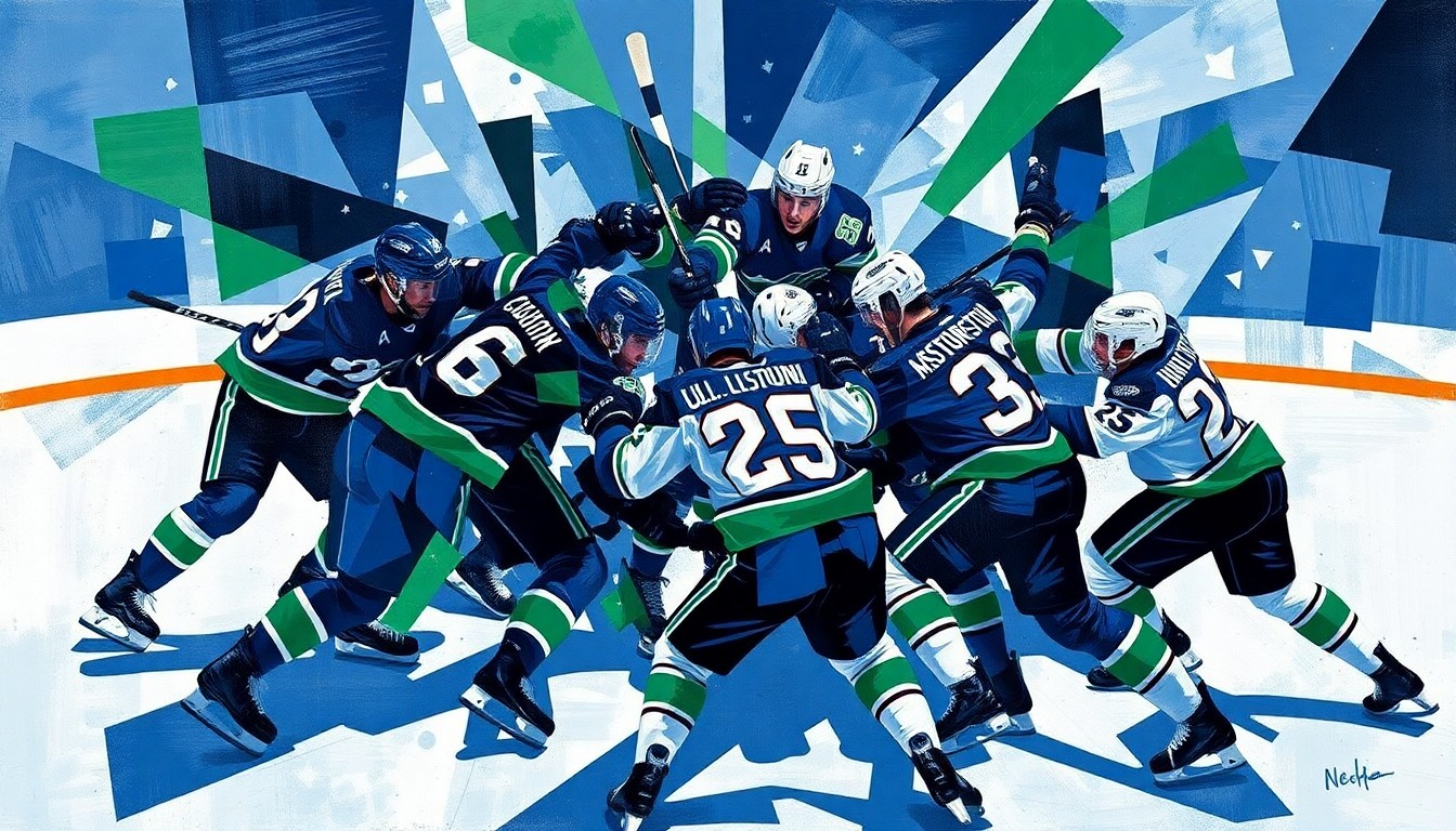 A cubist, geometric painting depicting the chaotic motion and energy of a hockey fight, with sharp planes of navy blue, green, and white representing the players and the ice.