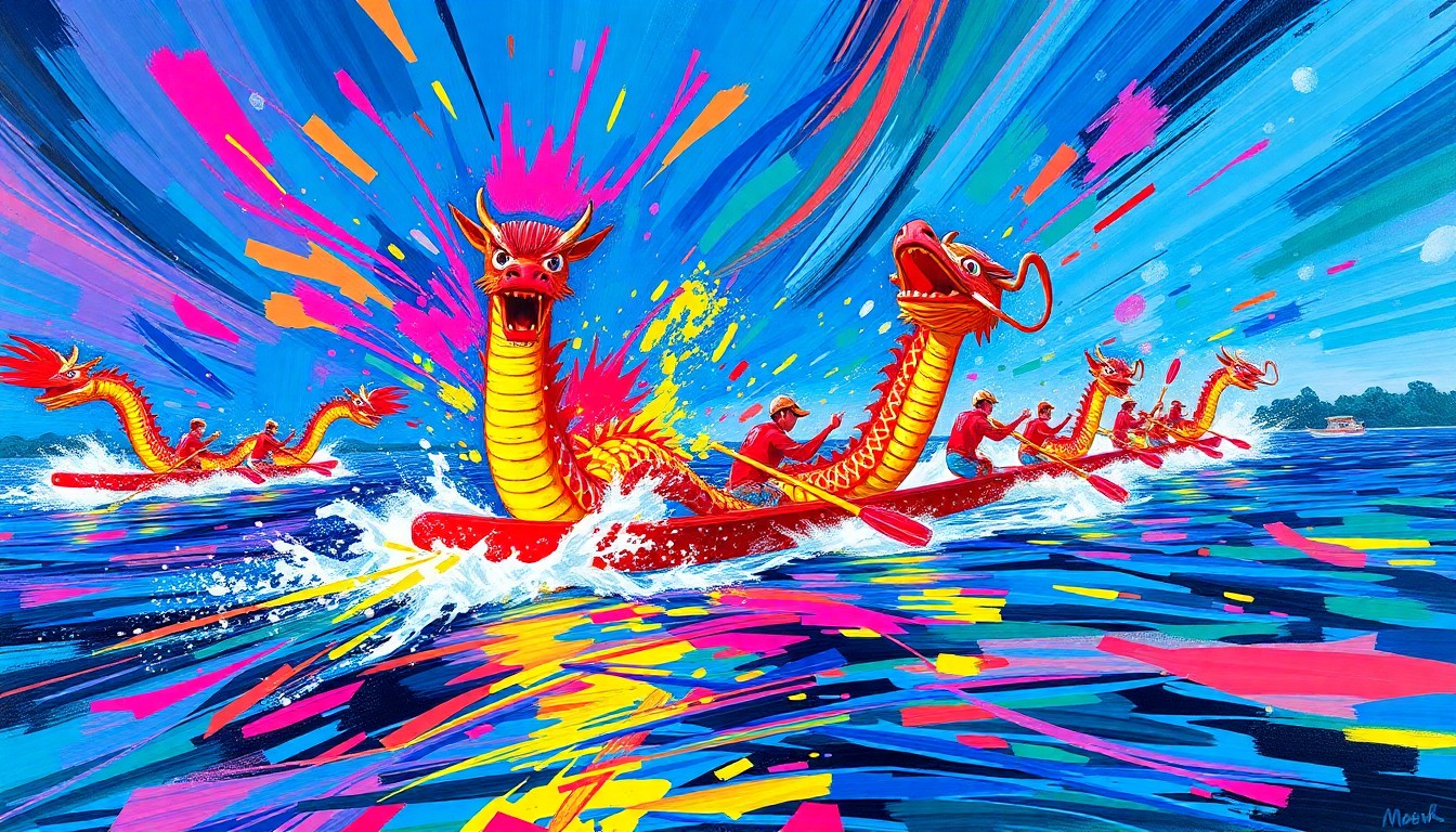 An abstract, energetic painting with rapid, neon-colored brushstrokes capturing the dynamic motion and excitement of dragon boat racing on the water.