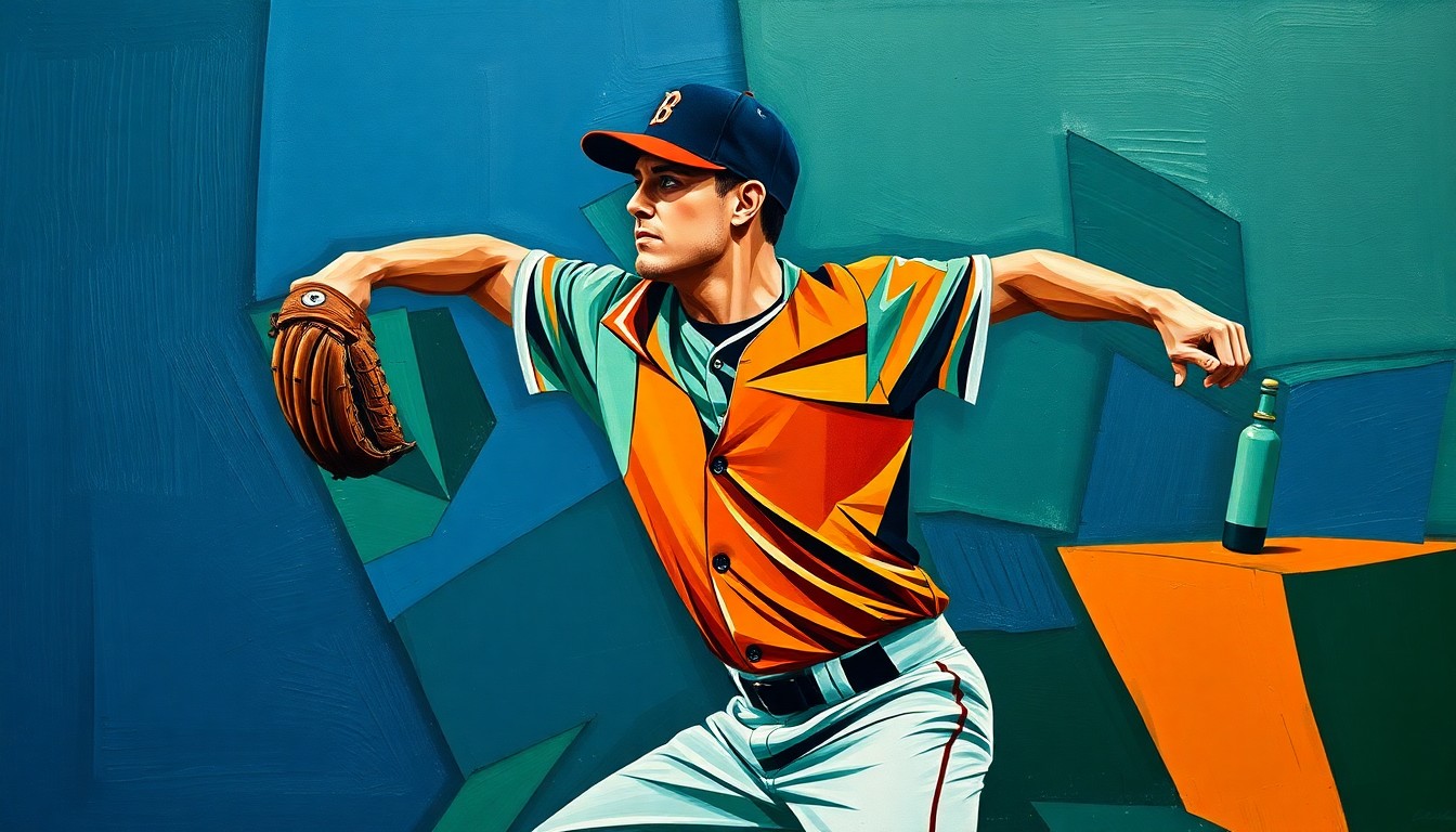 A cubist-style painting depicting a baseball pitcher's motion broken down into sharp, overlapping geometric shapes in navy blue, burnt orange, and forest green, conveying the fragmented nature of Verlander's injury recovery.
