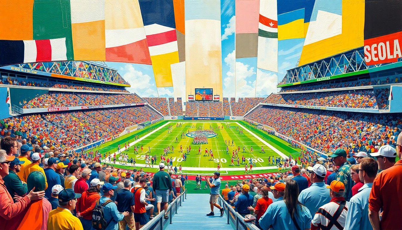 A fragmented, geometric painting depicting the chaotic movements and perspectives of a college football spring game, with sharp planes of color representing players, coaches, and spectators.