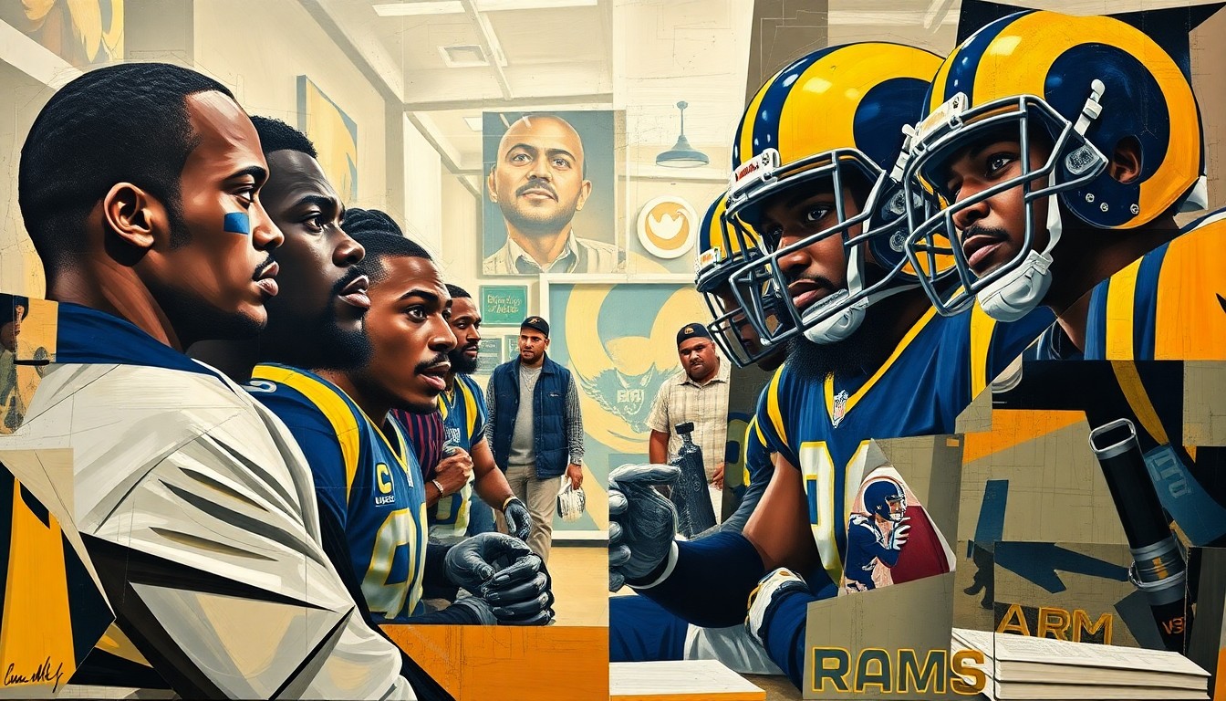 A fractured, cubist-style painting depicting various elements from the Rams' 'Friday'-inspired NFL Draft hype video, including the key characters and football players, without any identifiable faces or logos, conveying the energy and excitement of the promo.