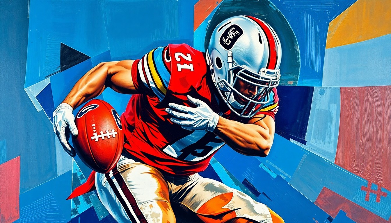 A fragmented, geometric painting depicting an offensive lineman in motion, with sharp planes of color and overlapping perspectives conveying the technical demands of the position.