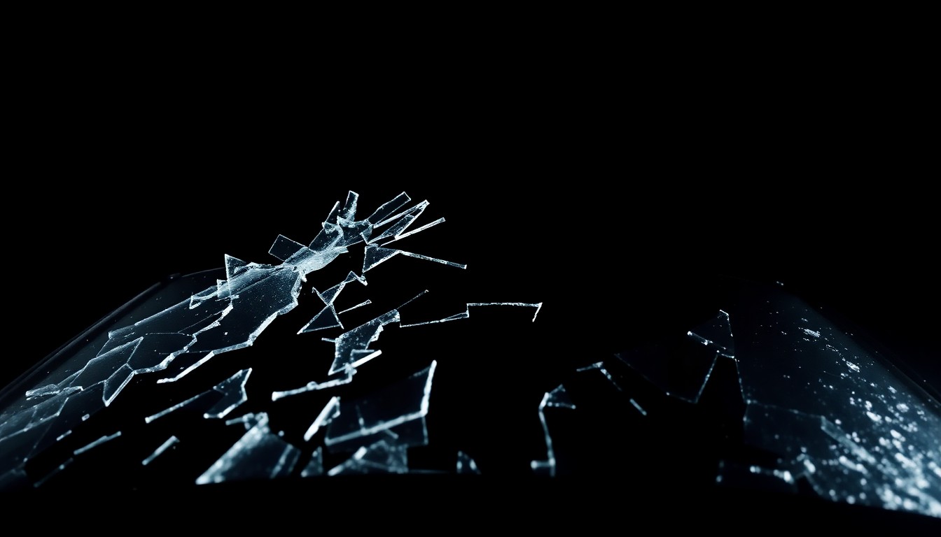 An extreme close-up photograph of a shattered car windshield, the jagged, splintered glass conceptually representing the violence and chaos of a parking lot incident.