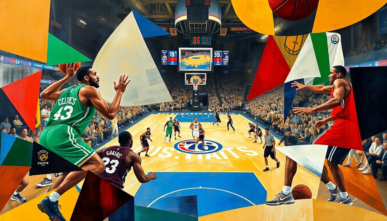 A fractured, multi-perspective painting depicting a basketball game between the Boston Celtics and Philadelphia 76ers, with the players' forms abstracted into dynamic, angular shapes and the court and arena fading into the background, conveying the strategic nature of the matchup.