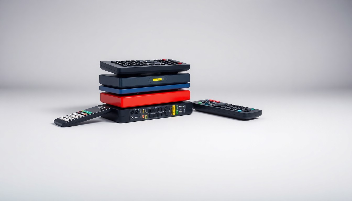 A minimalist studio still life photograph featuring a stack of sleek TV remote controls in various colors, arranged elegantly on a clean white background and dramatically lit to symbolize the complex corporate forces at play in the blocked TV station merger.