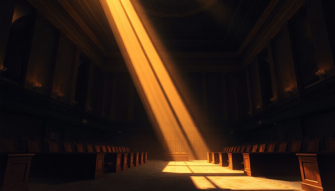 A quiet, cinematic painting of an empty government building or council chamber, bathed in warm, diagonal sunlight and deep shadows, conveying a sense of solemnity and secrecy around the public's business.