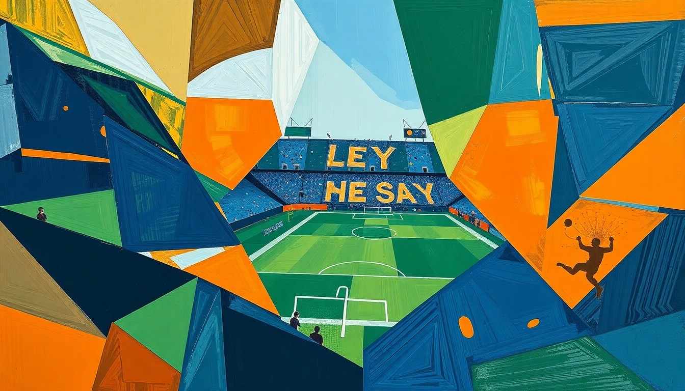 A cubist, geometric painting depicting a fragmented football game or match, with sharp, overlapping planes of navy blue, hunter green, and burnt orange, conveying the complex dynamics between an offensive lineman and his quarterback.