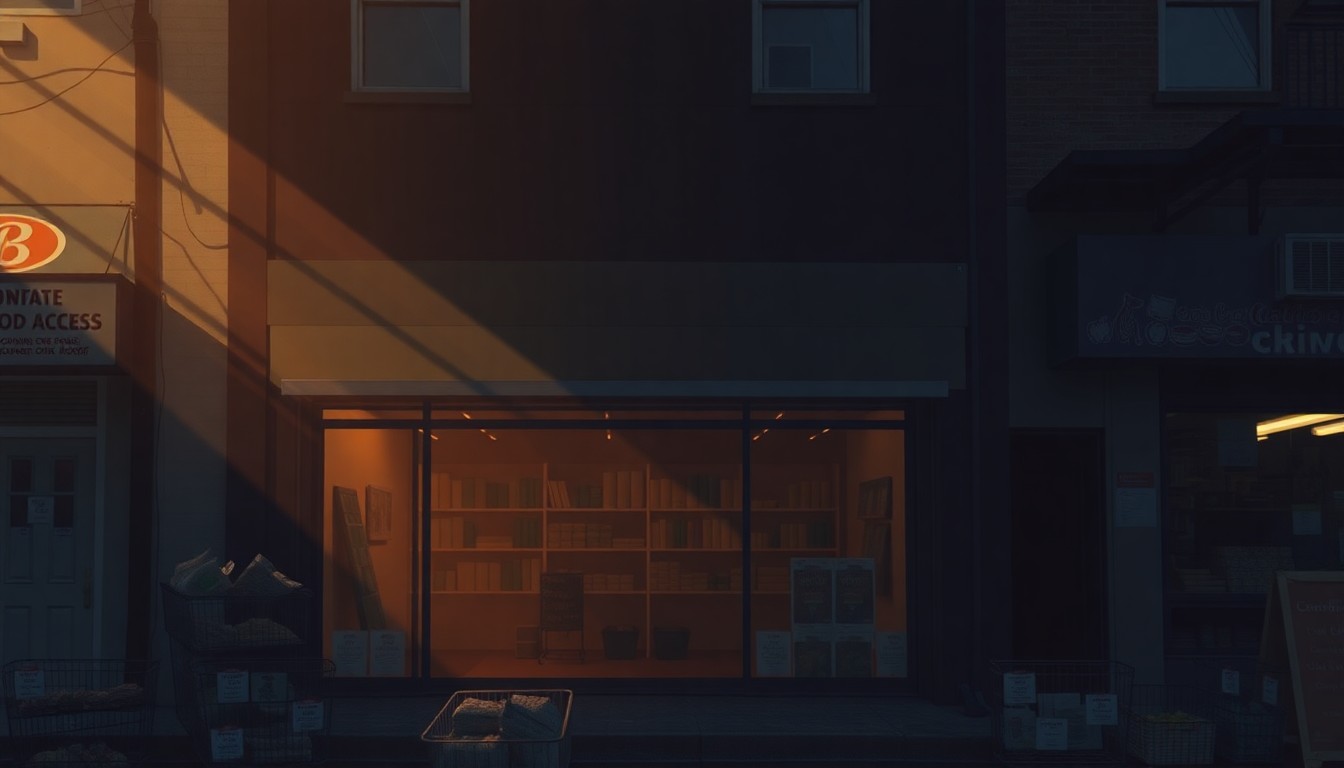 A photorealistic painting in the style of Edward Hopper, depicting an empty urban storefront with warm, golden sunlight streaming through the windows and deep shadows along the sidewalk, conveying a sense of solitude and the need for community-focused services.