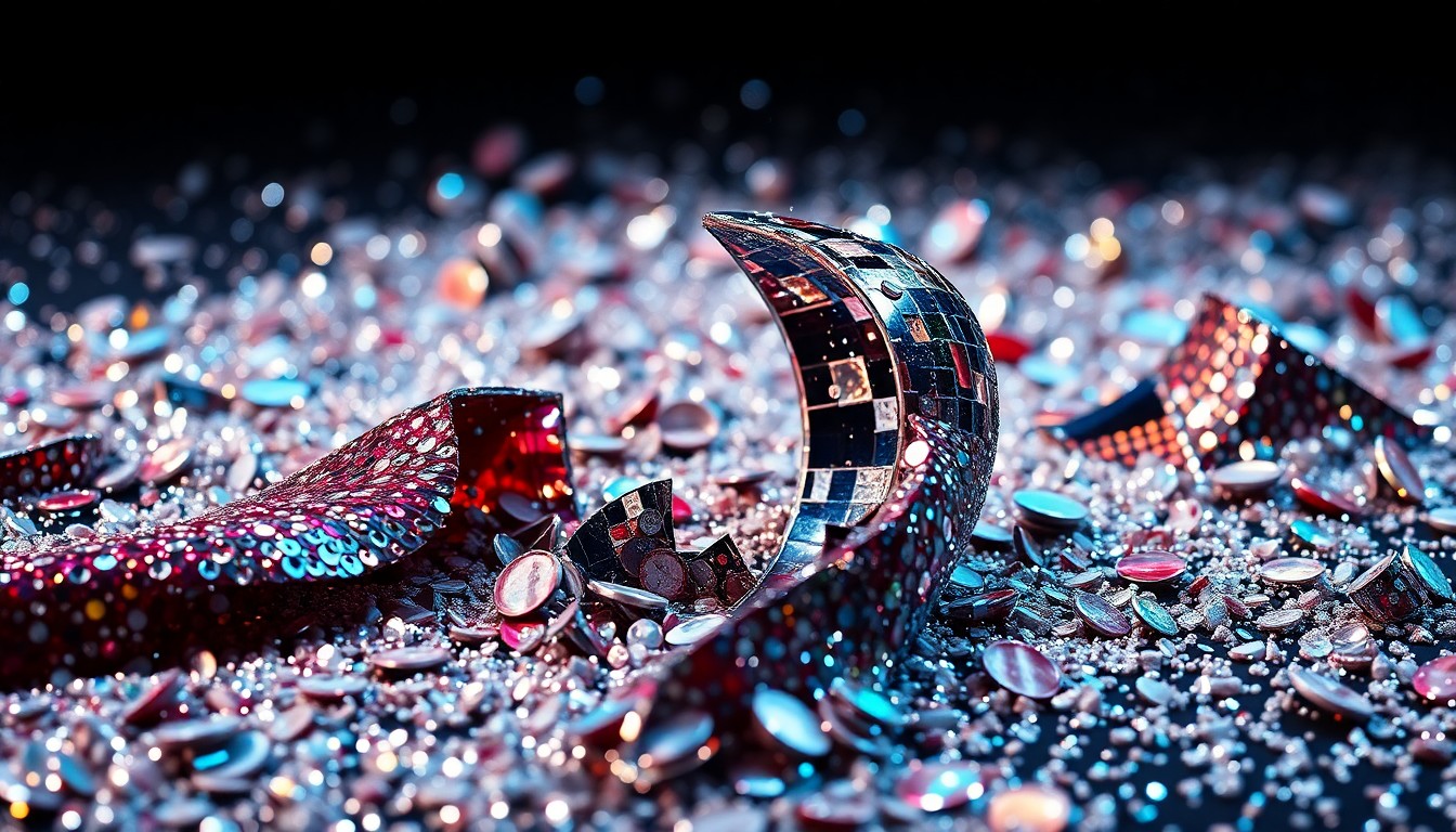 An extreme close-up of shimmering sequins and shattered glass, reflecting dramatic studio lighting to create a glamorous, high-contrast aesthetic evocative of a Hollywood red carpet.