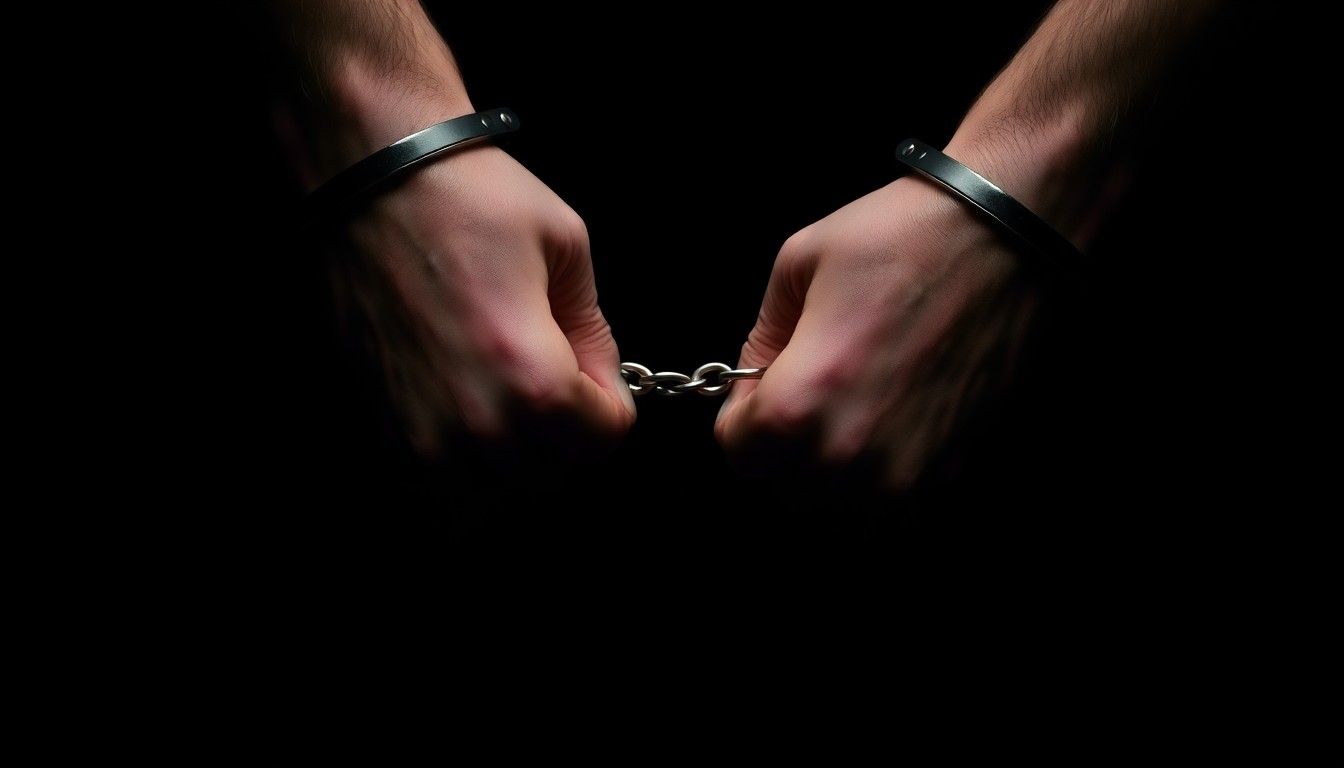 An extreme close-up photograph of a pair of handcuffed wrists against a stark black background, the metal cuffs and skin texture dramatically illuminated by a harsh camera flash, conveying the gritty, investigative nature of the arrests.