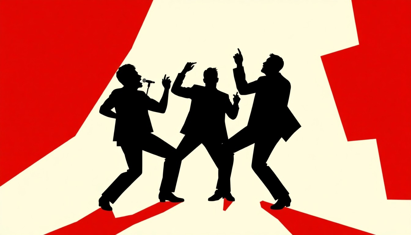 A dynamic abstract composition of jagged black silhouettes and bold red geometric shapes, conceptually representing the energy and spontaneity of an improv performance.