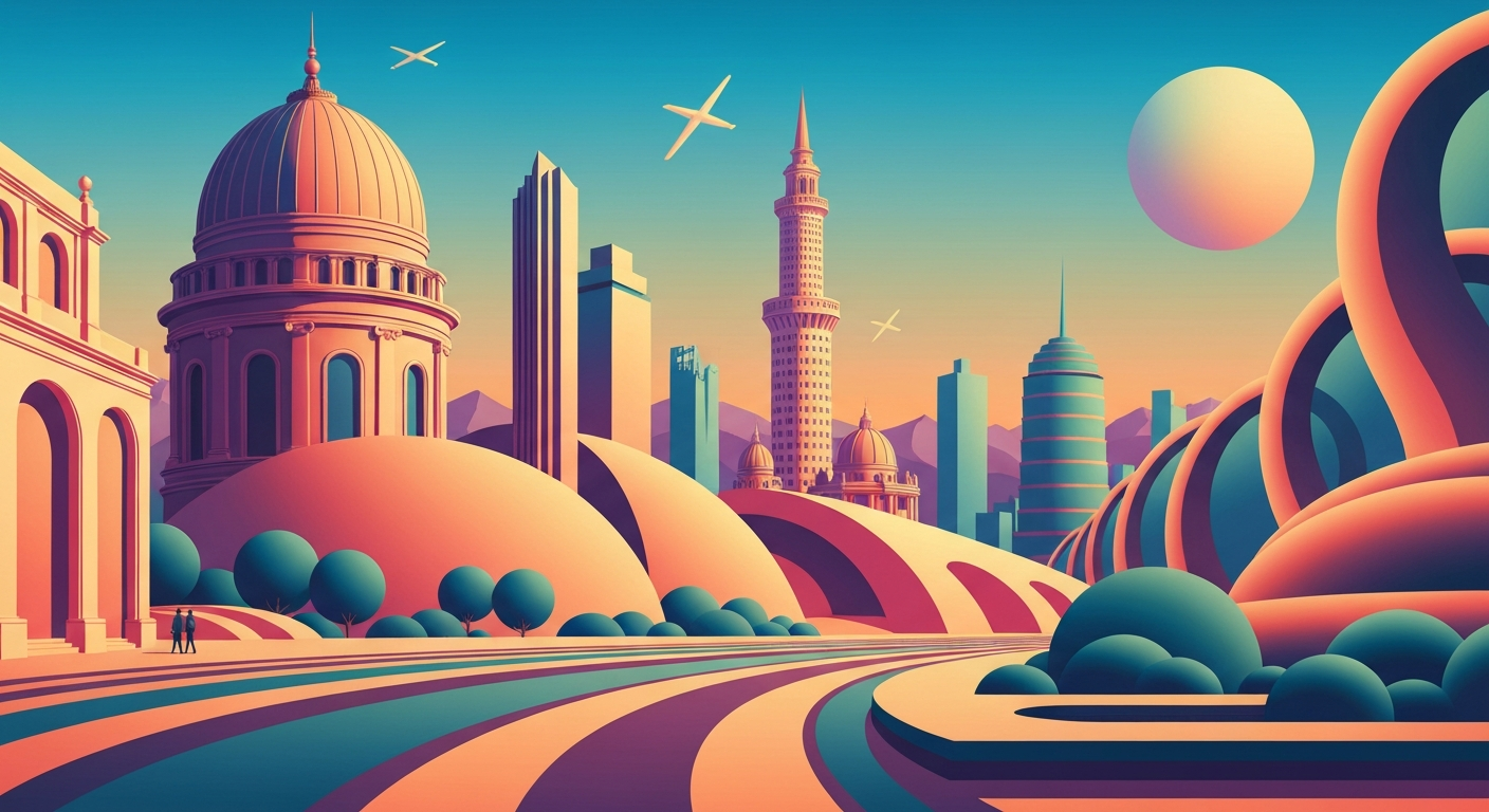 A highly stylized, geometric illustration depicting towering, streamlined architectural forms in a bold, airbrushed color palette, conceptually representing the grand scale and romance of international travel and cultural exchange.