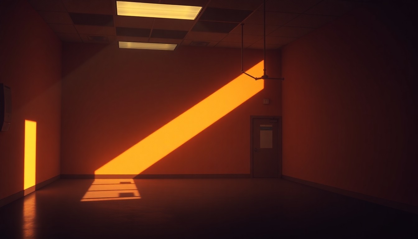 A serene, cinematic painting of a government medical laboratory or office building, with warm sunlight streaming through the windows and deep shadows cast across the scene, conveying a sense of quiet contemplation and transition.