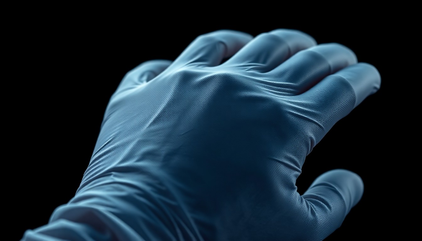 An extreme close-up of a surgical glove in dramatic studio lighting, capturing the intricate texture and sheen of the material to convey a sense of high-stakes medical drama.