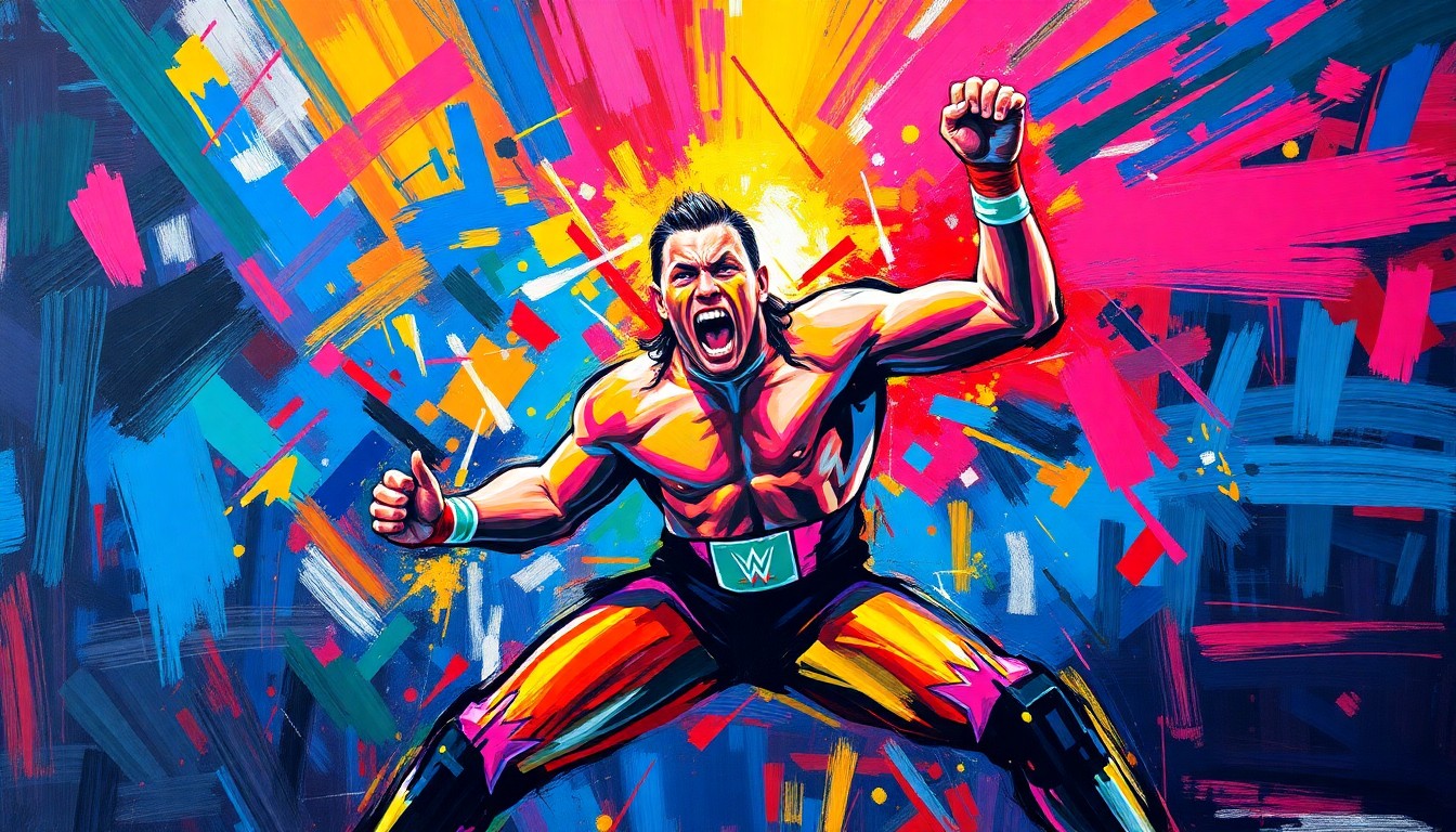 An abstract, energetic painting featuring dynamic brushstrokes and neon colors that capture the raw power and athleticism of professional wrestling.