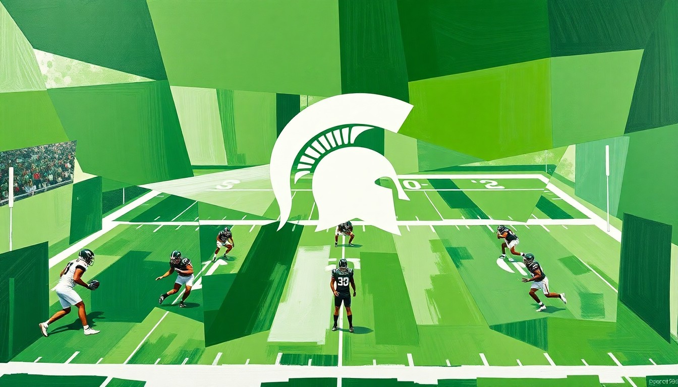 A fractured, geometric painting in vibrant green and white hues, representing the chaotic movements and perspectives of a Michigan State football practice session.