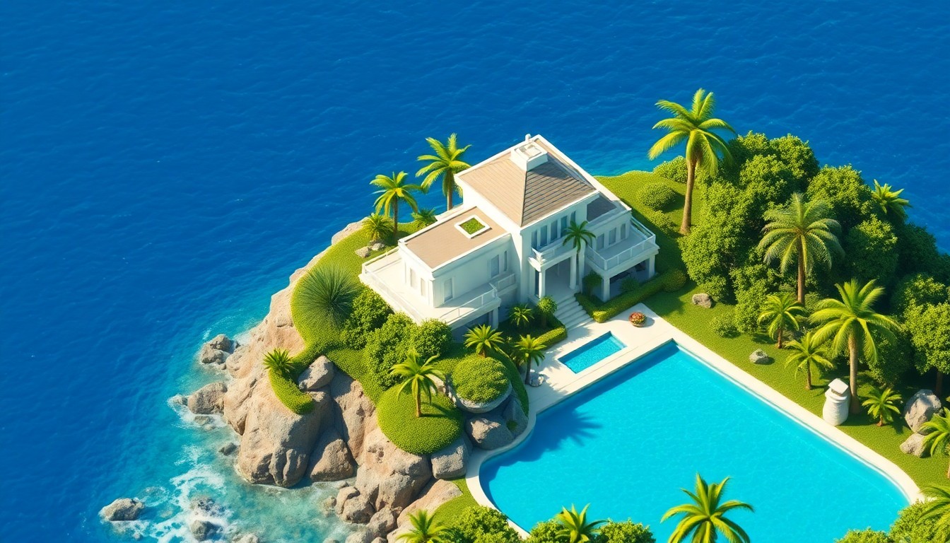 A clean, modern isometric 3D illustration depicting a stylized luxury coastal home surrounded by palm trees and ocean, conveying a sense of tranquility and exclusivity.