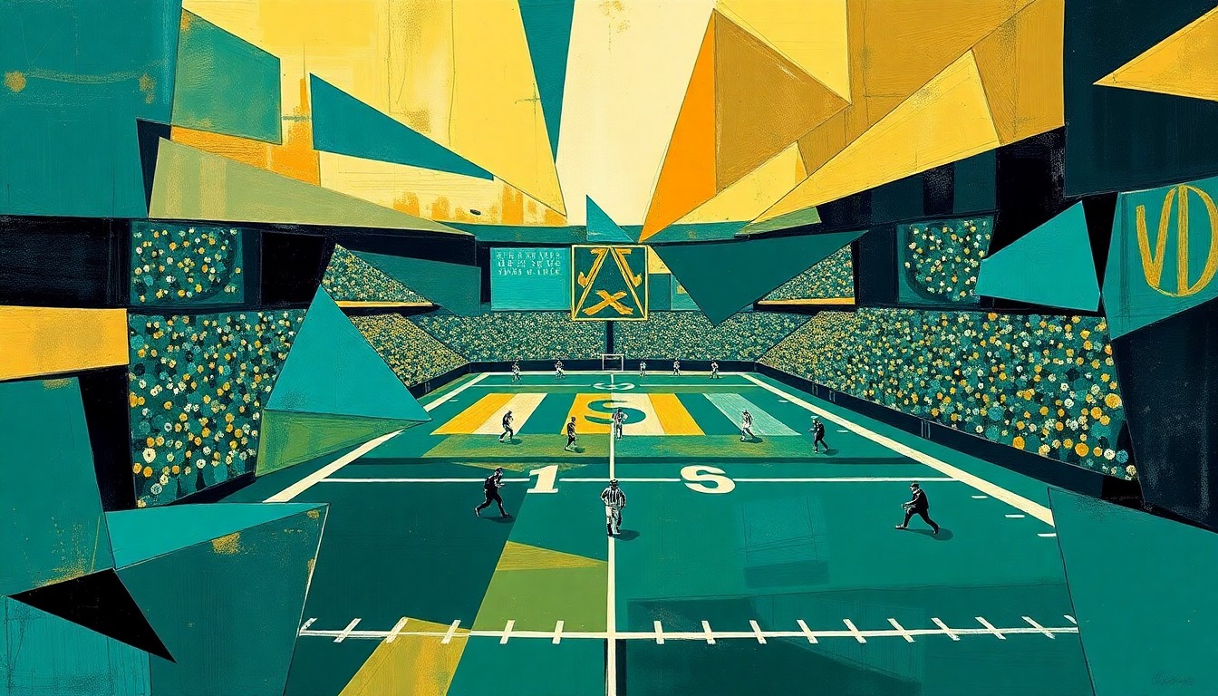 A fragmented, cubist-style painting depicting a football game, with the players and field broken down into sharp, angular geometric shapes in teal, gold, and black colors, conveying the strategic nature of the Jaguars' trade.