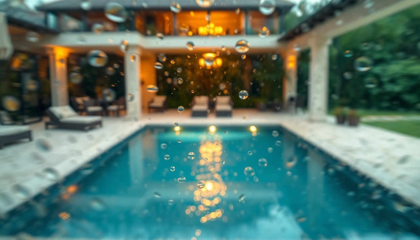An extremely blurred, dreamlike image of a shimmering pool surrounded by lush greenery, with warm, soft light filtering through the frame, conveying a sense of luxurious outdoor living.