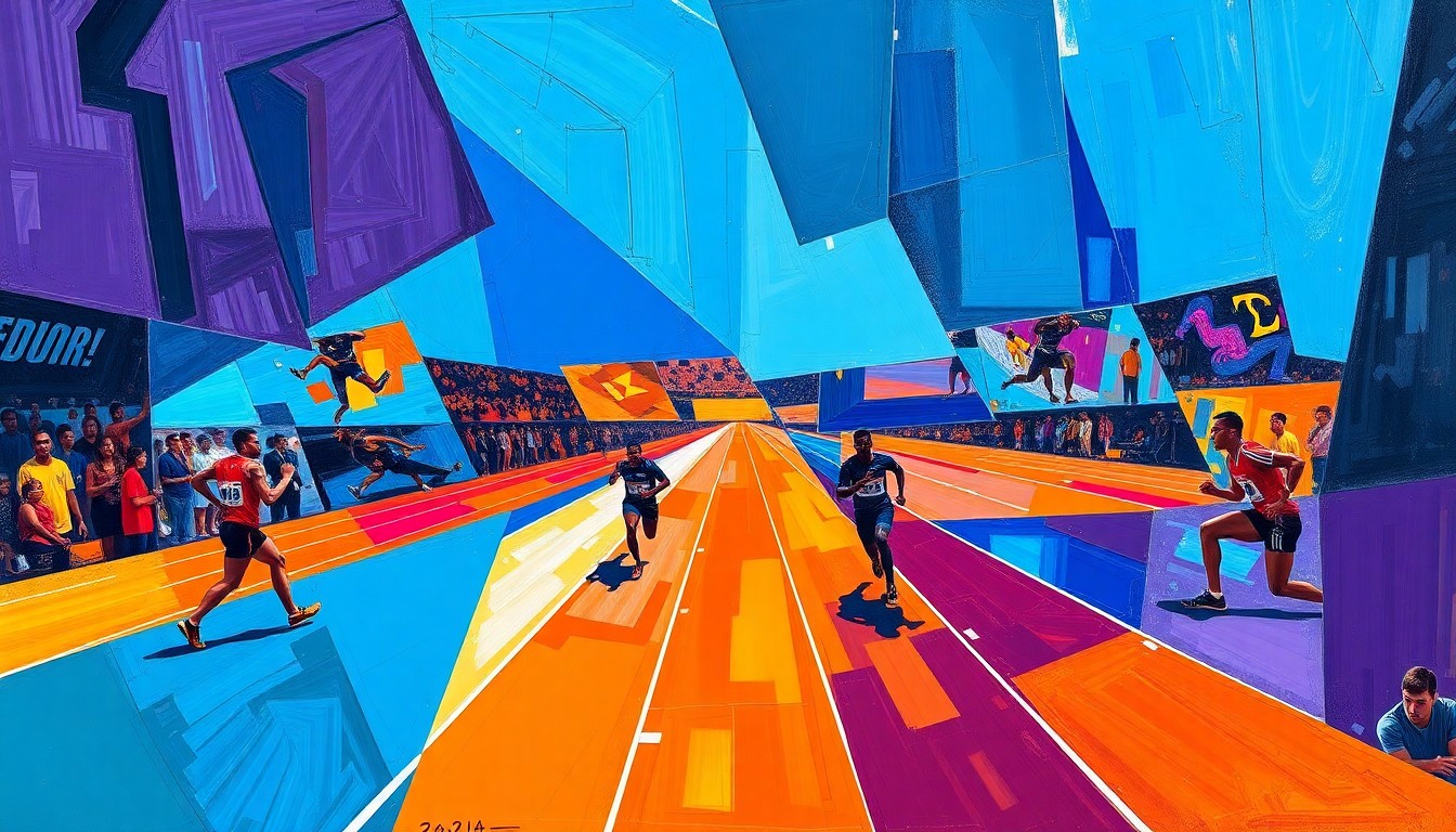 A fractured, cubist-style painting depicting a college track and field competition, with sharp geometric shapes and planes of vibrant colors representing the energy and movement of the event.