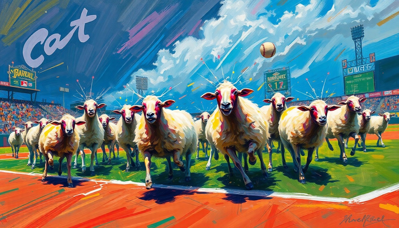 A vibrant, expressionist painting in neon colors depicting a flock of sheep and a herding dog frantically moving to avoid a fast-moving foul ball on a baseball field, capturing the chaotic energy of the unexpected incident.