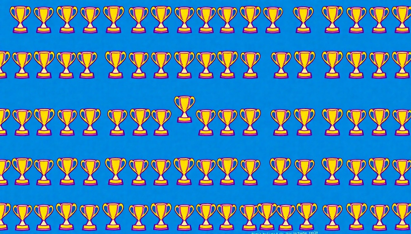 A bold, colorful silkscreen print featuring a repeated icon of a trophy or award, conceptually representing the competitive spirit and academic achievements of high school students.