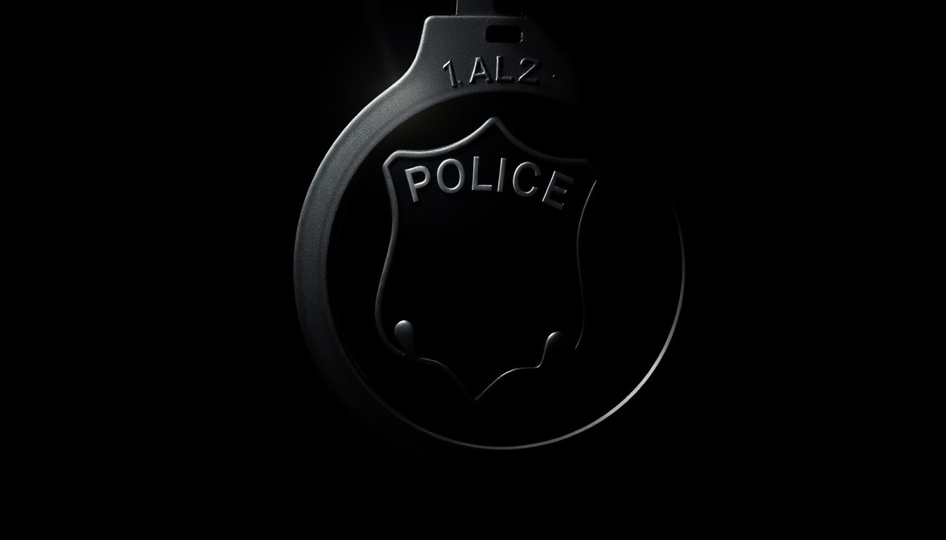 An extreme close-up photograph of a police badge or handcuffs, lit by a harsh, direct camera flash against a pitch-black background, creating a stark, gritty, investigative aesthetic.