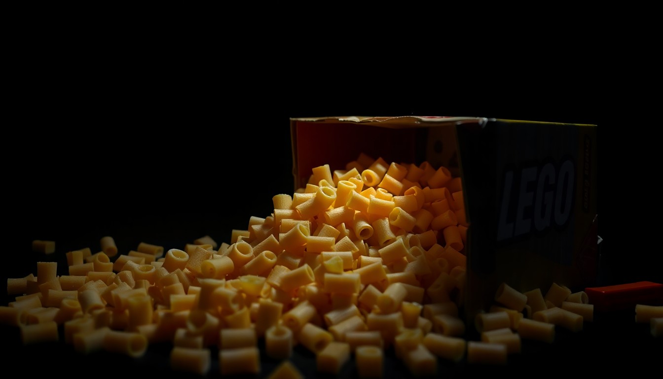 An extreme close-up photograph of a pile of dried pasta pieces spilled out of a damaged LEGO box, creating a stark, gritty, investigative visual metaphor for the organized retail crime targeting LEGO products.