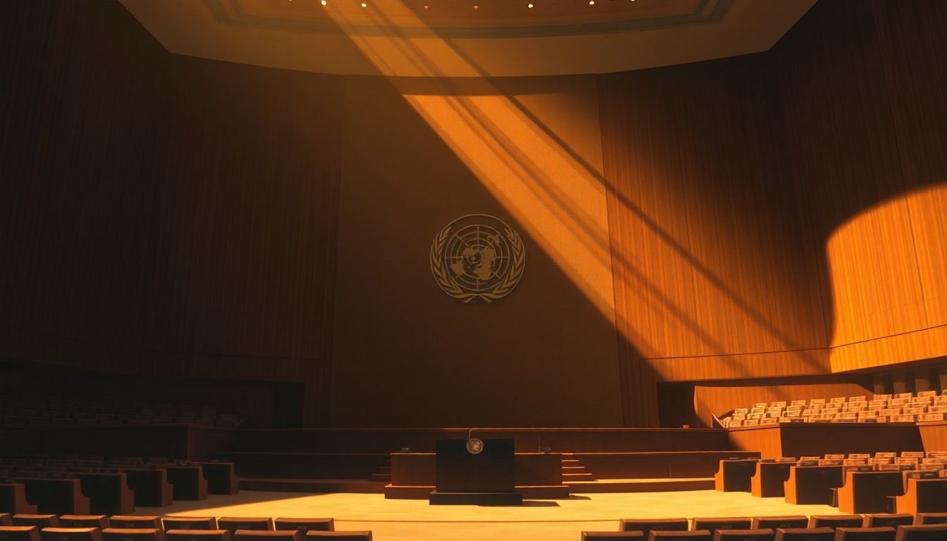 A serene, photorealistic painting of a lone podium in a dimly lit UN General Assembly Hall, with warm sunlight streaming in through tall windows and casting deep shadows across the scene, conveying a sense of quiet contemplation and the weight of global diplomacy.