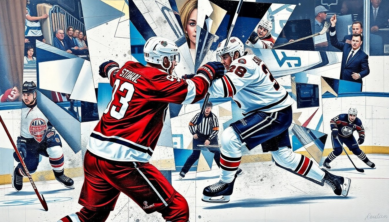A cubist, geometric painting depicting the physical confrontation between two hockey players, their bodies and movements fractured and abstracted into sharp, overlapping planes of color.