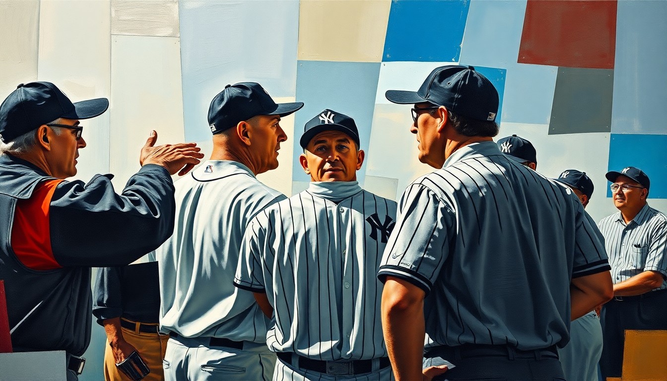 A fragmented, geometric painting showing the overlapping perspectives of a baseball manager and umpires engaged in a heated discussion, capturing the raw emotion and conflict of the moment.