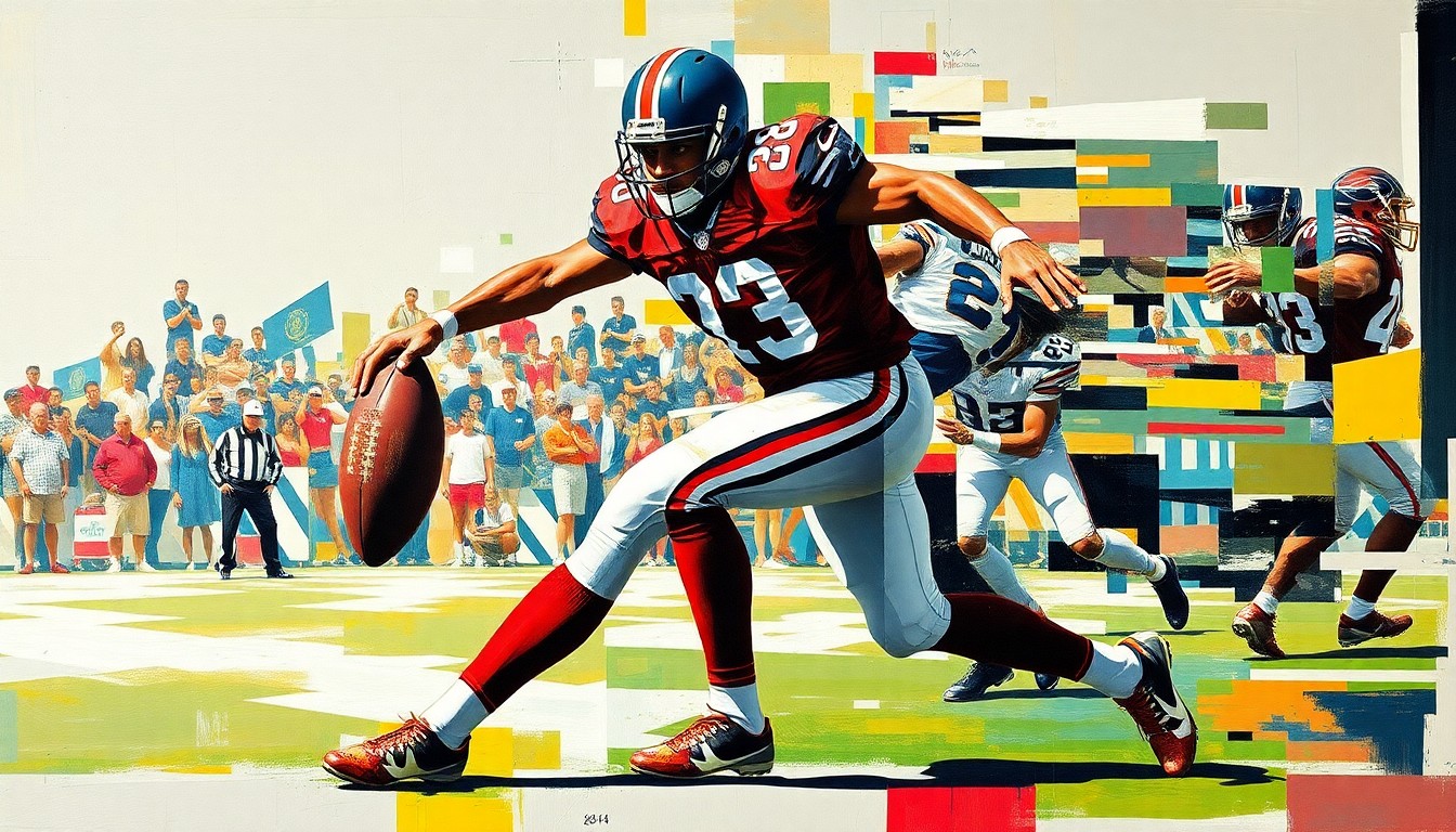 A fragmented, geometric painting depicting a football player in motion, their form broken down into sharp, overlapping planes of color, conceptually representing the recovery process from a minor injury.